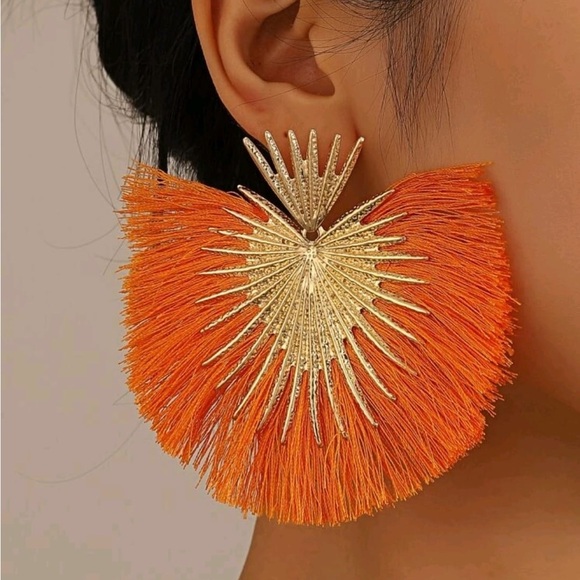Orange and Gold Statement Earrings - Picture 3 of 4